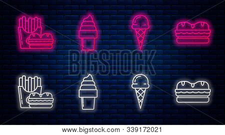Set Line Ice Cream In Waffle Cone, Ice Cream In Waffle Cone, Burger And French Fries In Carton Packa