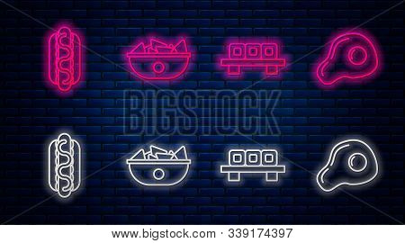Set Line Nachos In Plate, Sushi On Cutting Board, Hotdog Sandwich With Mustard And Scrambled Eggs. G