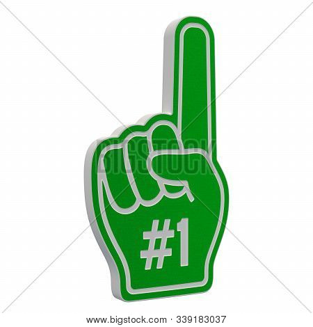 Sport Fan Glove. Number 1 Green Fan Hand Glove With Finger Raised Flat, 3d Rendering Isolated On Whi