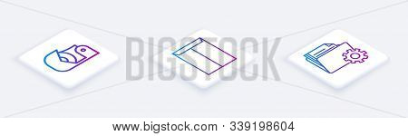 Set Isometric Line Scotch, Envelope And Folder Settings With Gears. White Square Button. Vector