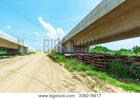 Unfinished Of Construction Of The Large Concrete Bridge Of The Motorway Elevation For The Developmen