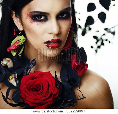 Pretty Brunette Woman With Rose Jewelry, Black And Red, Bright Make Up Kike A Vampire Closeup Red Li