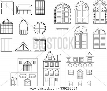 Set Of Vector Linear Drawings Of Buildings Which Contains Doors, Windows And Buildings.