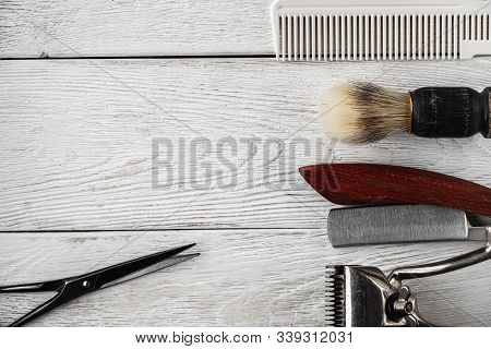 Vintage Barber Tools Dangerous Razor Hairdressing Scissors Old Manual Clipper Comb Shaving Brush. Ol