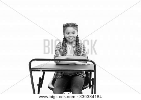Perfect Student Girl Sit Desk. She Knows All Right Answers. Knowledge Is Richness. Back To School. P