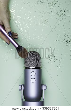 Woman Hands Move Brush Around Professional Michrophone - Process Of Making Asmr Sounds. Recording Of