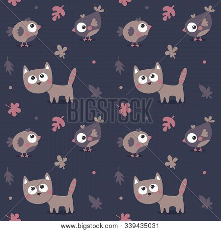Seamless Animal Autumn Pattern Made With Cat, Bird, Flower, Plant, Leaf