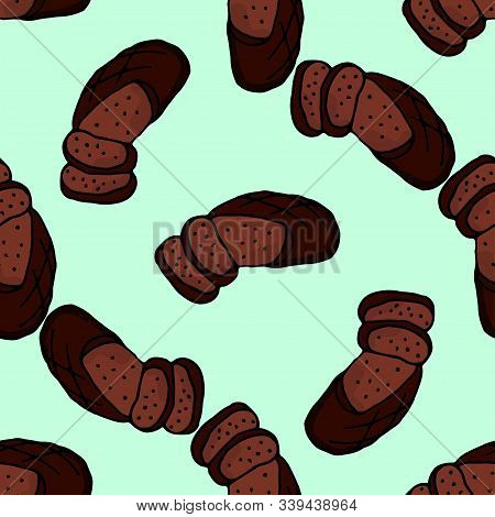 Cute Seamless Pattern.a Loaf Of Black Round Bread, And Sliced Pieces Of Bread. Hand-drawn Vector Ill