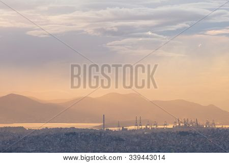 View Of Athens, Port Of Piraeus And Salamina Island From Lycabettus Hill.
