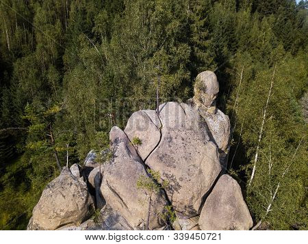 Aerial View Stone Rocks Ternoshorska Lada Amidst Beautiful Scenic Carpathian Mountains And Forest. S