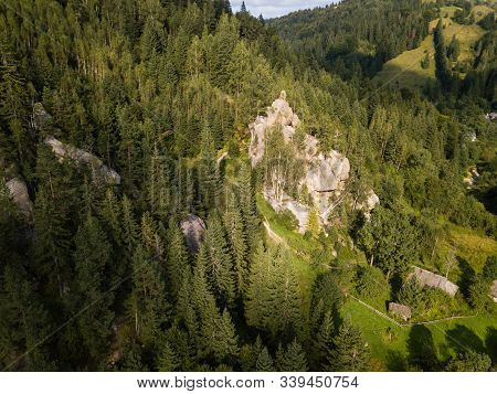 Aerial View Stone Rocks Ternoshorska Lada Amidst Beautiful Scenic Carpathian Mountains And Forest. S