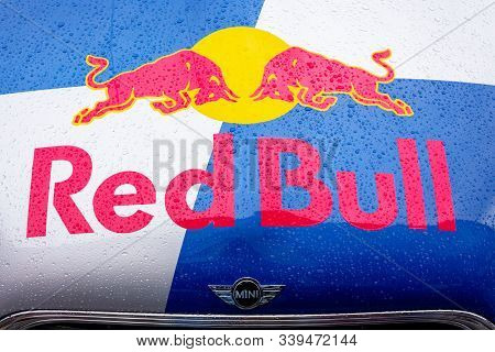 Uzhhorod, Ukraine - 14 Jul, 2013: Red Bull Mini Cooper Publicity Car Logo. Fancy Car Tuning Used For