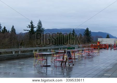 Burnaby, Canada - December 11, 2019: Simon Fraser University Reconstruction Project With Forest And 