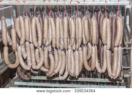 Sausages Are Drying After Cooking In Hot Water In The Slaughter House