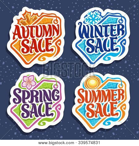 Vector Set For Four Seasons Sale, 4 Isolated Decorative Seasonal Pricetags With Words, Summer With O