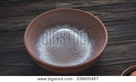 Homemade Baking. Flour In A Clay Bowl Close-up.