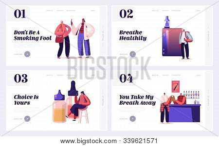 Vaping Website Landing Page Set. Male And Female Characters Vapers Smokers Buying And Smoking Vapes 