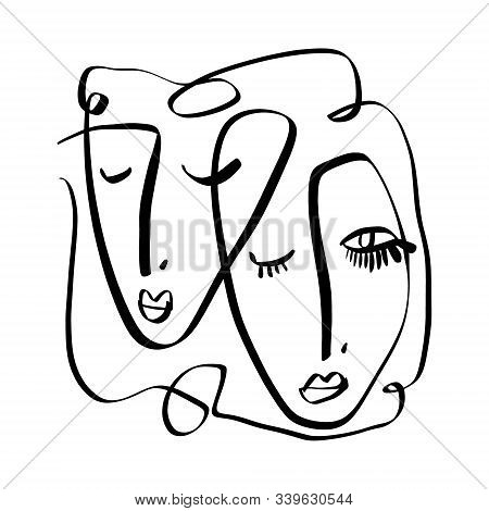 Simple Hand Drawn Black And White Trendy Line Portrait Face Art. Abstract Composition. Monochrome Pr
