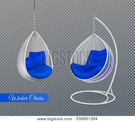 White Wicker Hanging Swing Chairs Realistic Composition On Transparent Background With Modern Furnit