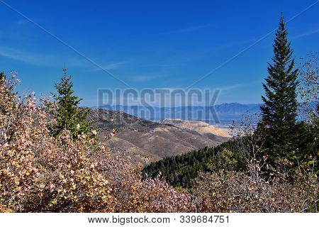 Rocky Mountain Wasatch Front Peaks, Panorama Landscape View From Butterfield Canyon Oquirrh Range By