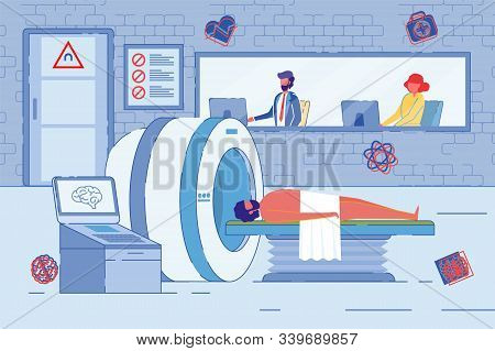 Doctors Scan Patients Body And See Results On Computer Screen And Man On Mri Or Mrt Machine. Radiolo