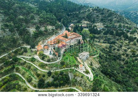 Machairas Monastery In Cyprus Near Nicosia. Aerial View From Drone Of Ancient Historic Building In M