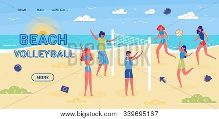 Two Teams, Three Players Each, Playing Volleyball On Sand Court Divided By Net. Beach Volleyball Clu