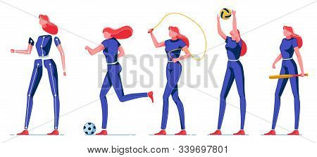 Young Woman Doing Sport And Different Activities Flat Cartoon Vector Illustration. Girl Playing Foot