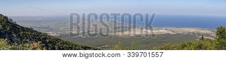 Landscape. Scenic View From The Height Mount Olympus On The Coastline, Farmland And Sea On A Summer 