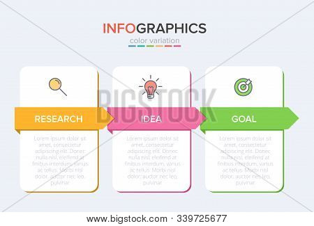 Concept Of Arrow Business Model With 3 Successive Steps. Three Colorful Design Elements. Timeline De