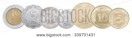 Complete Set Of Coins Of Israel Isolated On A White Background In A Row