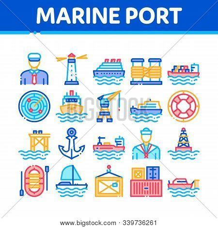Marine Port Transport Collection Icons Set Vector Thin Line. Port Dock And Harbor, Lighthouse And An