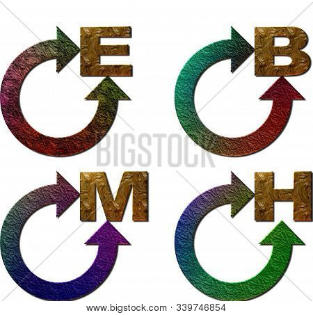 Set Of Four 3d Rendered Textured Circular Arrows With Different Colors With Letters E, B, M And H Wi