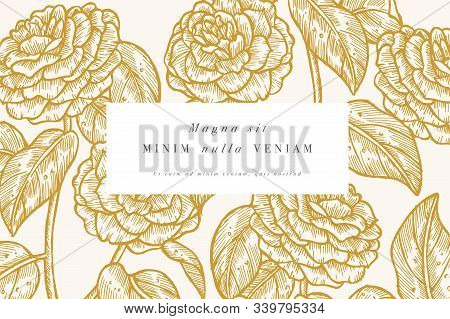 Vintage Card With Camelia Flowers. Floral Wreath. Flower Frame For Flowershop With Label Designs. Su
