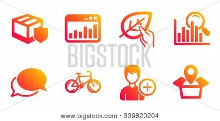 Bicycle, Organic Tested And Add Person Line Icons Set. Messenger, Delivery Insurance And Search Sign