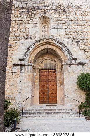 Jerusalem, Israel, December 07, 2019 : Entrance Doors To The Benedictine Abbey Of Abu Gosh In The Ch
