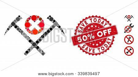 Mosaic No Work Icon And Rubber Stamp Seal With Save Today 50 Percent Off Phrase. Mosaic Vector Is Fo