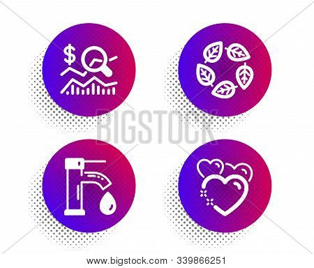 Tap Water, Check Investment And Organic Tested Icons Simple Set. Halftone Dots Button. Heart Sign. F