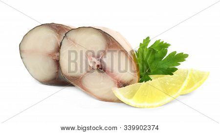 Slices Of Smoked Fish Isolated On White