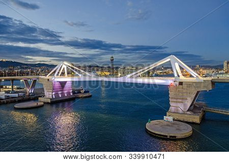 Barcelona, Spain - November 10, 2018: View Over The Bridge Porta Deuropa,  World Trade Center And Ho