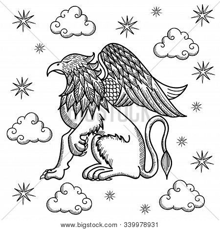 The Griffin, Along With Clouds And Stars, Is Drawn With A Black Line On A White Background.