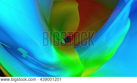 Spiral 3d Render Surface Of Abstract Waves In Space. Pure Colorful Swirl With Glass Curved Textures 