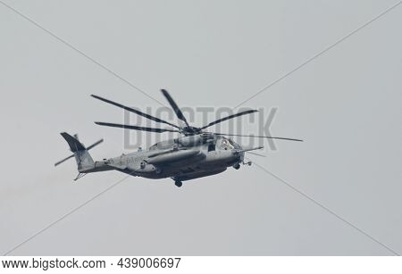 Depew, Oklahoma, USA - October 20, 2021: Sikorsky CH-53E Super Stallion helicopter flying over rural Oklahoma, used by Marine Heavy Helicopter Squadron 366 (HMH-366).