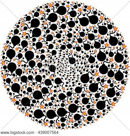 Bomb Ignition Icon Spin Spheric Collage. Bomb Ignition Symbols Are Organized Into Cluster Twirl Desi