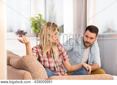 Man Comforting Apologizing Touching Face Of Young Woman. Woman Talking Angry Upset. Couple Arguing I