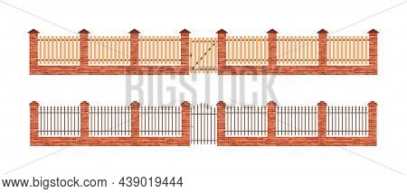 Brick Fence. Wooden, Metal And Brick Fence With Gate. Barrier For Garden, Farm And House. Door For E