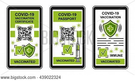 Covid-19 Vaccination Certificate Or Vaccine Passport, Digital Green Pass Icon Set. Certification Vac