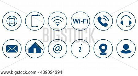 Contact Icon Set. Set Of Circled Contact Icons In Blue Color - Online Service, Connection, Vector Il