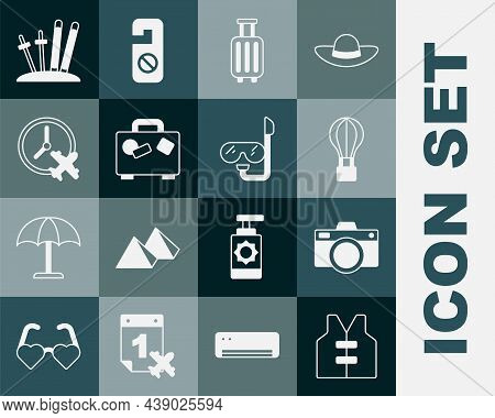 Set Life Jacket, Photo Camera, Hot Air Balloon, Suitcase, Clock With Airplane, Ski And Sticks And Di
