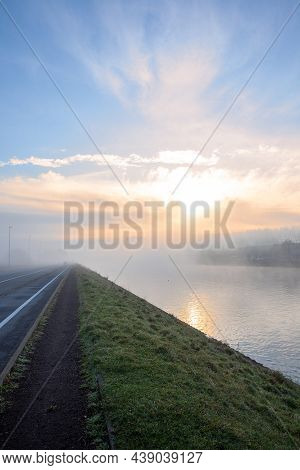 There Is A Lot Of Fog At The Water Sports Track In Ghent So That The Buildings Are Almost Completely